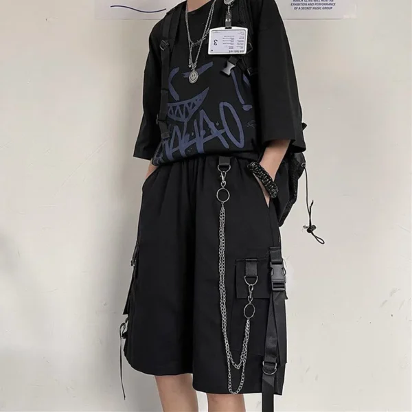 Casual Loose Cargo Shorts Women Harajuku Hip Hop Punk Large Pocket Wide Leg Shorts Fashion Chain High Waist Joggers Short Pants 6