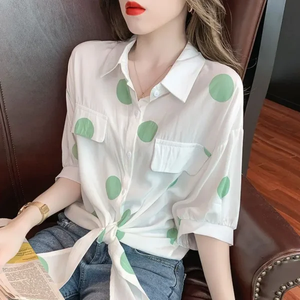 Fashion Lapel Loose Bandage Bow Polka Dot Shirt Women's Clothing 2023 Summer New Oversized Casual Tops Half Sleeve Korean Blouse 6