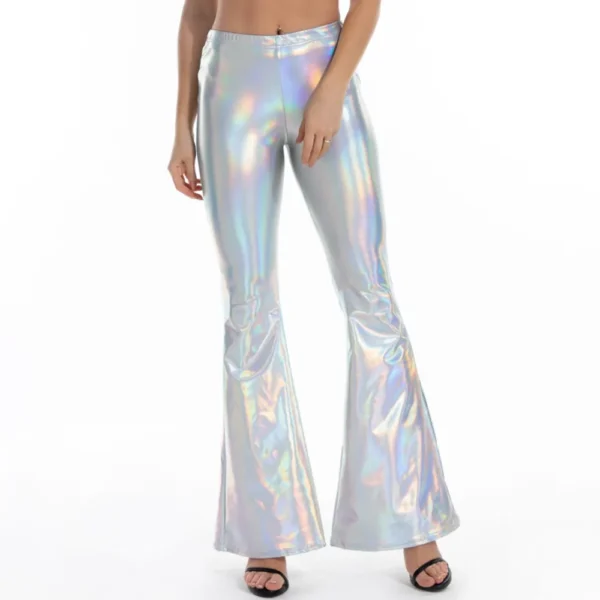 Sexy PU Leather Metallic Pants Shiny Holographic Flare Pants Women Girls Bodycon Elastic Waist Bell Bottom Trousers Clubwear 1