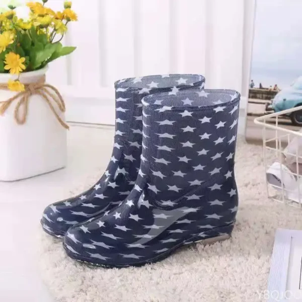 Print Rain Boots Women Waterproof Work Shoes for Girls Non Slip Anti Skip PVC Water Shoes Rainboots Mid-Calf Botas 6