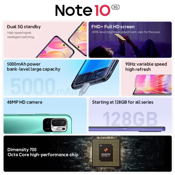 Xiaomi Redmi Note 10 Global ROM 5G Smartphone 128GB/256GB 7nm Dimensity 700 6.5 Inch Display 48MP Camera 5000mAh Mobile Phones 3