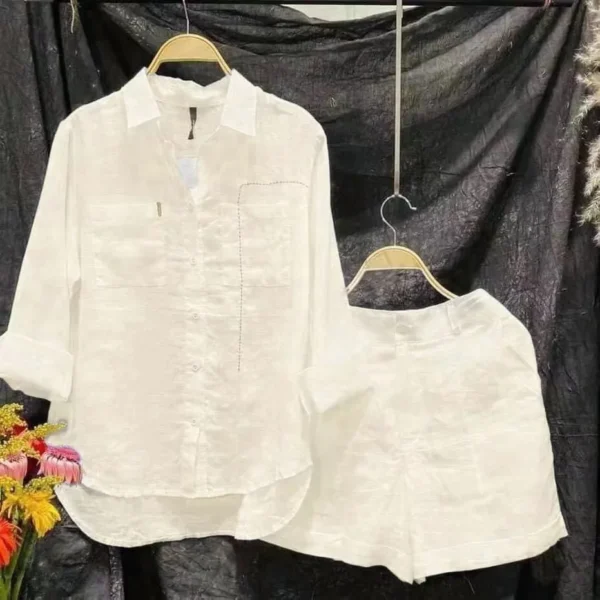 Fashion White 2 Piece Set For Women Long Sleeve Shirt And Shorts Two Piece Suit Women 2024 Summer Loose Casual Home Sets Female 2