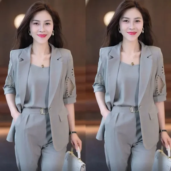 2023 Autumn New Vintage Hollow Short Sleeve Jacket with Tank Top Casual Pants Three Piece Elegant Women's Pants Suit Office Set 3