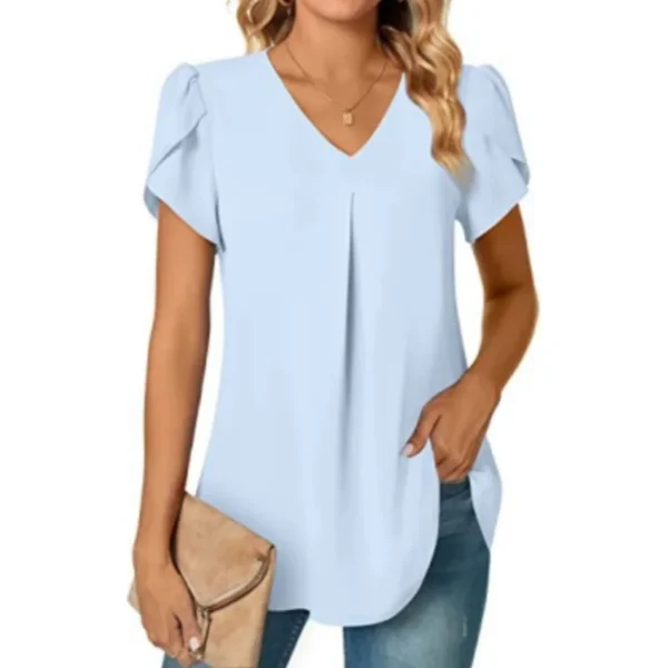 Elegant Women's Top Blouse Flower 2023 Summer Fashion Simplicity Short Sleeve Solid V-Neck Commuter Office Female Shirt S-XXL 5