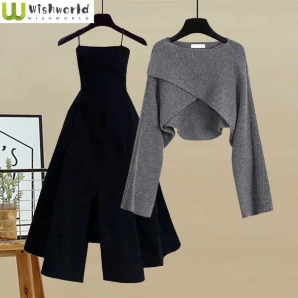 Spring and Autumn Set Women's 2023 New Korean Fashion Cross Knitted Sweater Age Reducing Sling Dress Two Piece Set 1