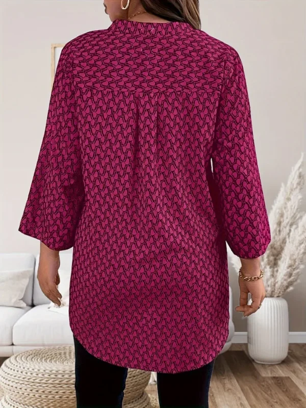 Women's Plus Size Printed Curly Sleeve Top Casual V-neck Three Quarter Sleeve Shirt 2