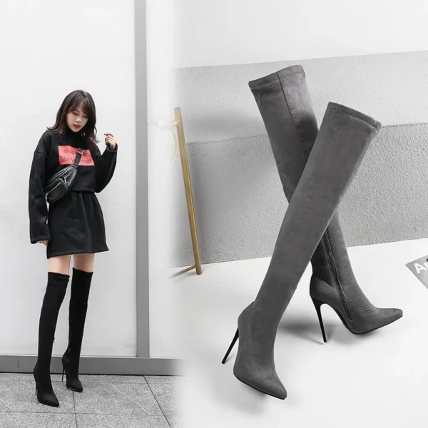 Thigh High Boots Women Autumn Spring Sexy Over the Knee Boots Stretch Flock High Heel Long Shoes Woman Big Size 45 48 Black Grey 6