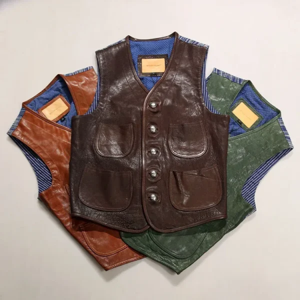 2024 New Spring Autumn Blue Dyed Clothing Genuine Leather Waistcoat Bikers Motorcycle Vest Male Sheepskin Sleeveless Coats 6