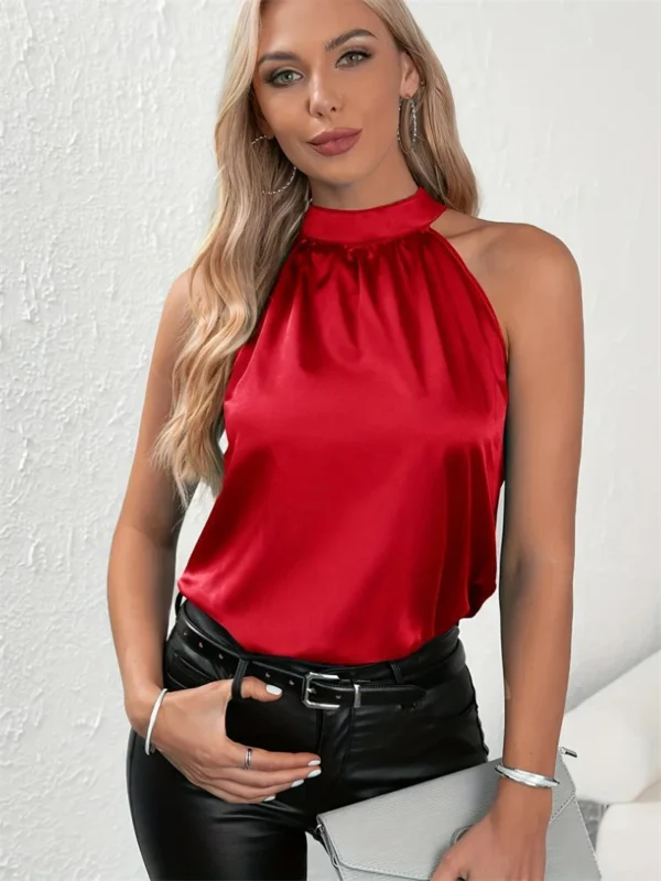 Women Summer Style Blouses Shirts Lady Casual Sleeveless Halter Collar Solid Color Blouse Tops DF5067 1