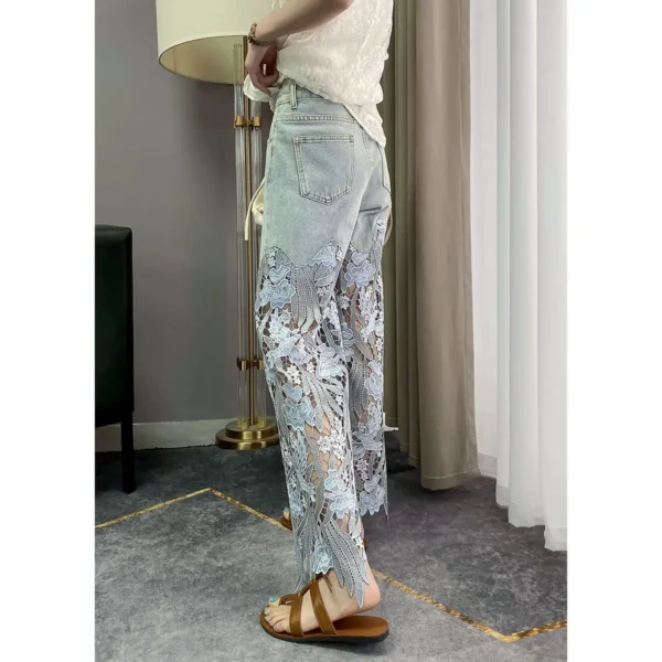 2023 Summer New Vintage Flower Hollowed-out Jeans Cool Pants Women's Pants Loose Street Casual Trousers 5