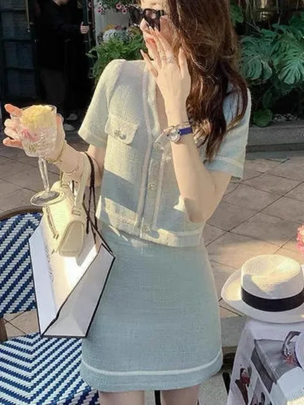 French Vintage Small Fragrance Two Piece Set Women Short Jacket Coat + Mini Skirt Sets Korean Fashion Summer 2 Piece Outfit 6