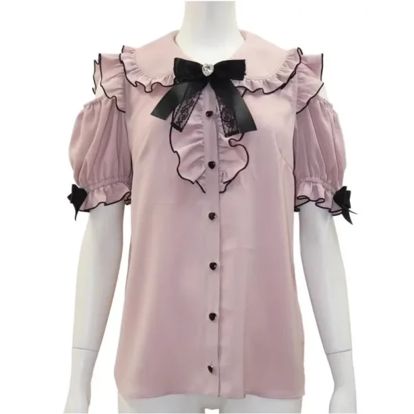 Sweet Lolita Fashion All Match Blouses Women Japanese Summer Y2k Aesthetic Ruffled Bow Shirts Girly Kawaii Off-Shoulder Tops 6