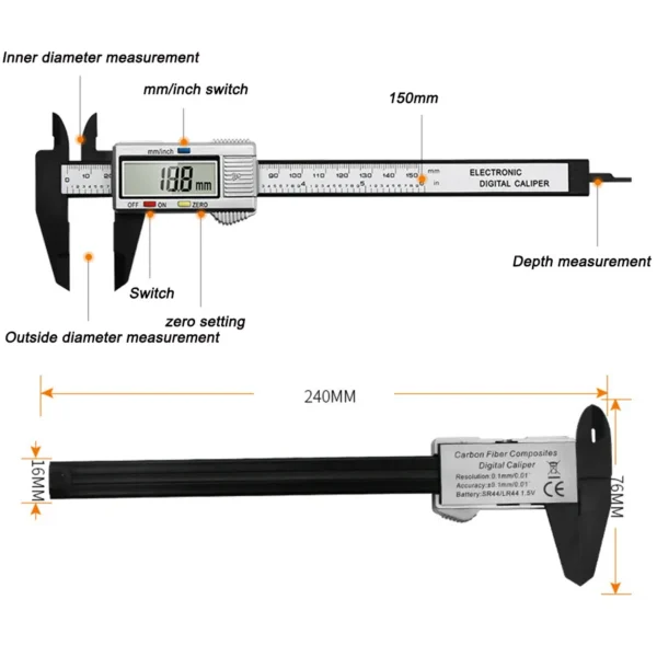 Digital Vernier Caliper 0-100mm LCD Electronic Carbon Fiber Altimeter Micrometer Measuring Tool Vernier Calipers 5