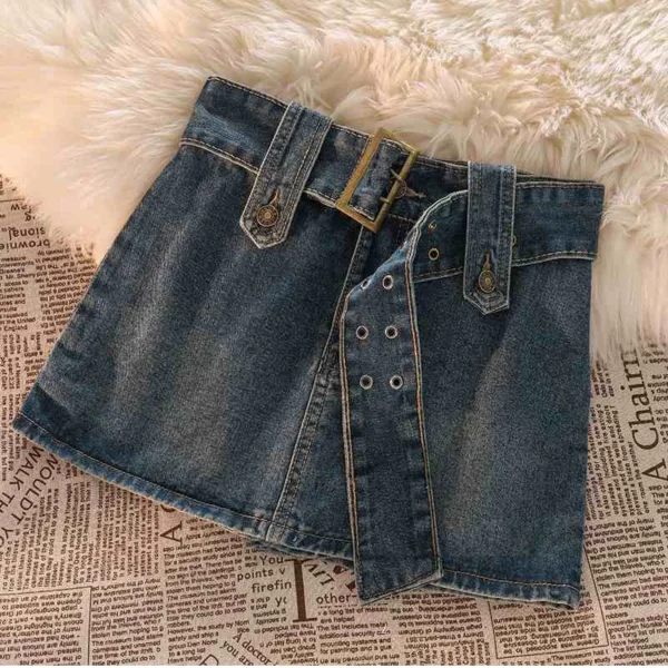 Vintage Women Denim Mini Skirts Summer Solid Belt Sexy Jeans Skirts Female Casual Ball Gown Korean Slim A Line Skirts New 3