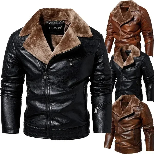 Fashion Warm with Fur Collar Winter Men's Leather Jacket Thicken Fleece Motorcycle Coat Casual Faux Leather Jacket 1