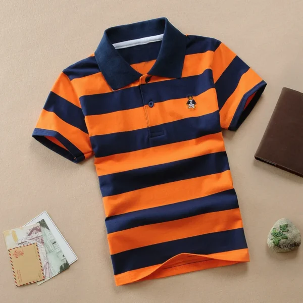 T-shirt For Boys Summer Children Short Sleeve Stripe Tees Cartoon Bear Embroidery Tops Teens Breathable Polo Shirt Kids Clothing 6