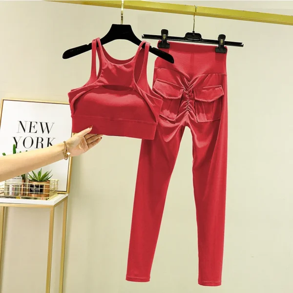 Women's Tracksuit Leggings Yoga Set Pocket High Waist Pants Sportswear Bra Fitness Workout Cycling Sport Suit Gym Outfit Clothes 5