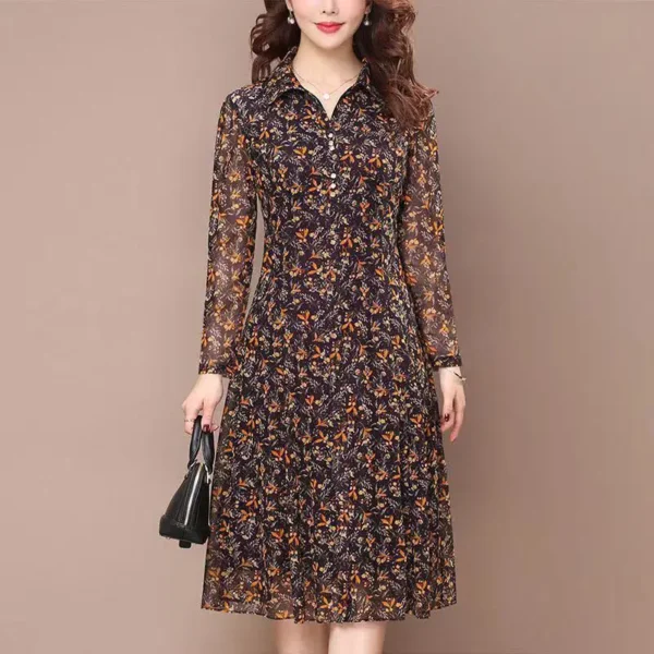 Long Sleeve Dress Women Floral Print Elegant Turndown Collar Summer Female Clothing Slim All-match Casual Button Midi Dress Robe 4