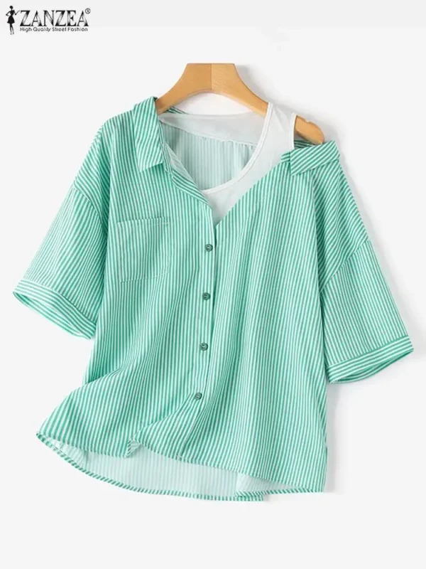 Women Short Sleeve Patchwork Blouse ZANZEA Elegant Summer Shirt Causal Stripe Fake Two Pieces Tops OL Work Holiday Blusas Femme 4