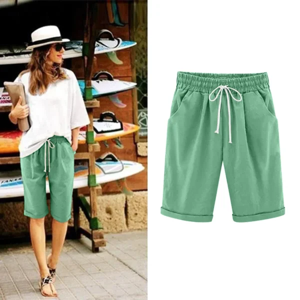 Five Point Pants For Women Summer Cotton Pants Plus Size High Waisted Shorts Lacing Beach Trousers Knee Length Workout Pocket 2