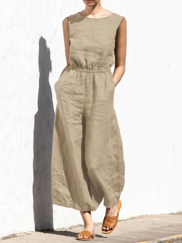 Cotton And Linen Jumpsuit Women Solid Color Sleeveless Pocket High Waist Wide Legs Jumpsuits Casual Commuting Ladies Bodysuits 3