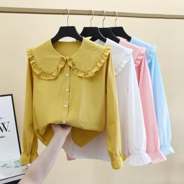 2024 Spring Summer Women's Fashion Vintage Peter Pan Collar Solid Slim Shirts Long Sleeve Casual Cotton Basic Blouse Female Tops 2