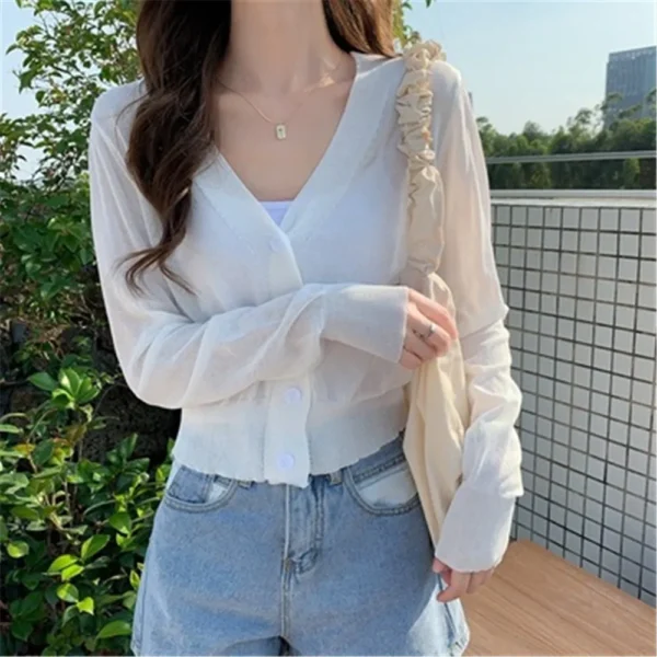 Korean Cardigan Women Thin Summer Casual Solid Feminino Sun-proof All-match Knitted V-neck Sweet Style Candy Color Basic Daily 5