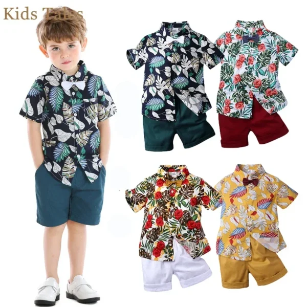 Toddler Baby Boys Sets Summer Hawaiian Outfit Infant Kids Floral Print Short Sleeve Shirt Bowtie Shirt+Shorts Gentleman Suits 1