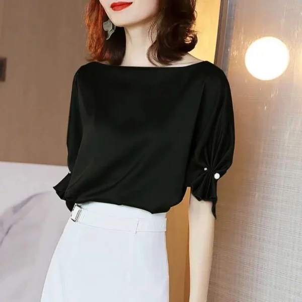 Spring and Summer 2023 New Light Luxury Drape Shirt Mercerized Satin Acetate Fabric Top Short Sleeve Loose and Thin 4