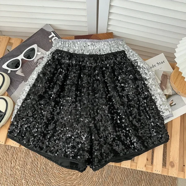 Women Shiny Sequin Elastic Waist Thin A line Wide Leg Pants Shorts 2023 Summer New Casual Chic Fashion Versatile Pants 3