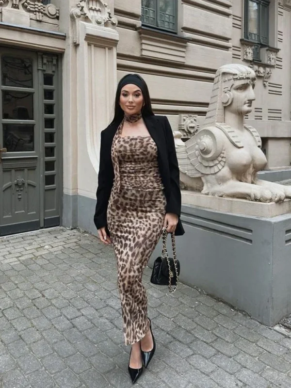 Leopard Print Tub Top Long Skirt Suit Women Sleeveless Fold Tops Hip Package Ankle-length Skirts 2024 Summer New 2 Pcs Sets 5