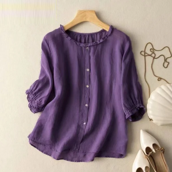 New Summer Women Vintage Ruffle Cotton Linen Blouses Simple Casual O Neck Half Sleeve Shirts Female Solid Loose Comfortable Tops 6