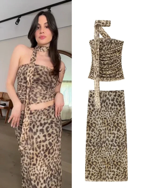 Leopard Print Tub Top Long Skirt Suit Women Sleeveless Fold Tops Hip Package Ankle-length Skirts 2024 Summer New 2 Pcs Sets 6