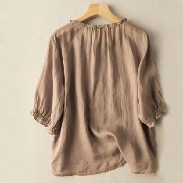 New Summer Women Vintage Ruffle Cotton Linen Blouses Simple Casual O Neck Half Sleeve Shirts Female Solid Loose Comfortable Tops 2