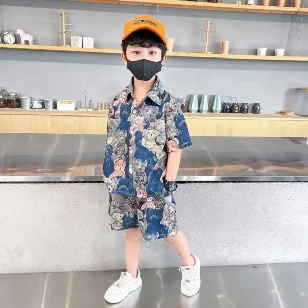 Summer Teenage Boy Clothes Set Cartoon Bear Short Sleeve Lapel Shirts and Shorts Suit Children's Boys Top and Bottom Streetwear 2