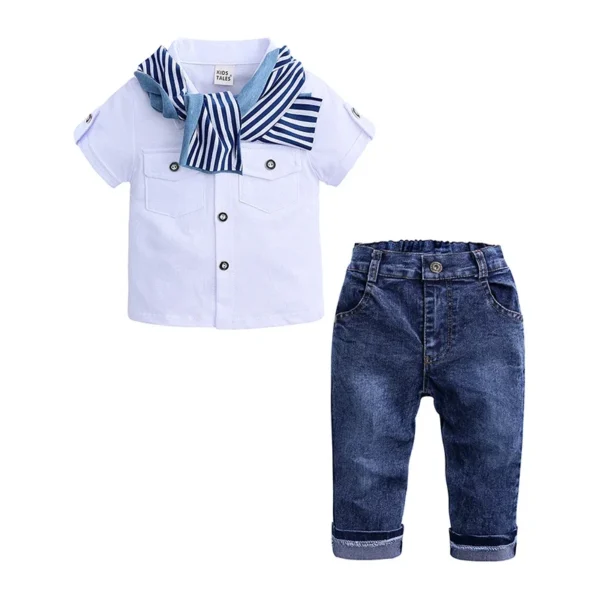 2024 Summer Boys Outfits Set 3Pcs Kids Random Cool Clothes Toddler T-Shirt + Jeans + Scarf Fashion Suits Children's Clothing Set 2