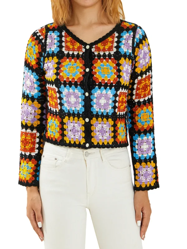 Crochet Cardigan for Women Retro Colorful Square Print Long Sleeve V-Neck Knit Sweater Button Hollow Out Jumper 2