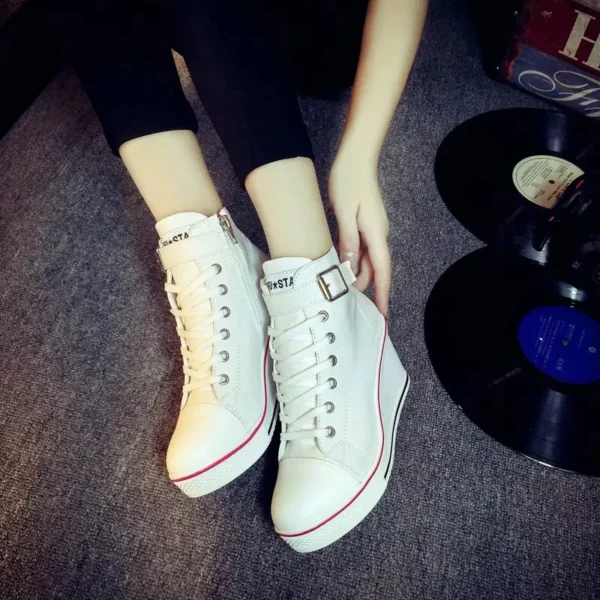 High Top Canvas Women Wedge Shoes Women's Denim Ankle Lace Up Ladies Ankle Canvas Shoes Woman 8cm Heels Sneakers 3