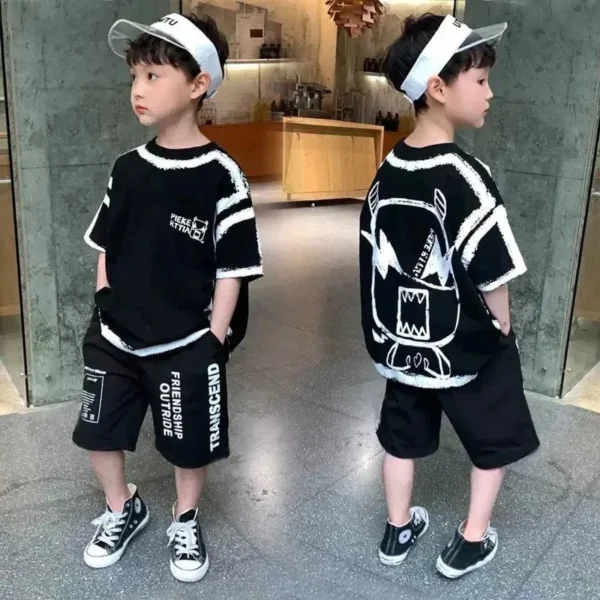 Summer Boys Cotton Contrast Alphabet Cartoon t-Shirt Tops+Short Pants Set School Kids Tracksuit Child 2PCS Outfit Suit 5-14 Yrs 1