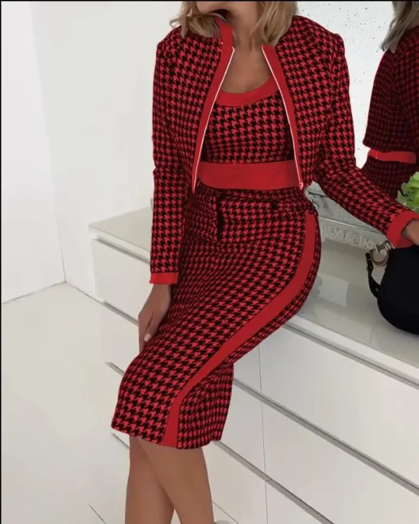 3 Two Piece Set For Women Autumn Winter Spaghetti Top And Skirt Sets Elegant Office Houndstooth Print Dress With Coat Suit 4