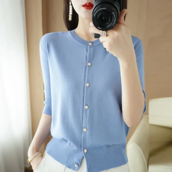 2023Summer New Thin Ice Silk Three-Quarter Sleeve Knitted Cardigan Women's Single-Breasted Round Neck Shirt Top Short Loose Coat 5