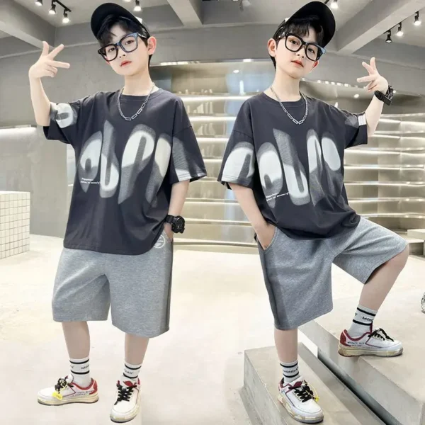 Boys Summer 2pcs Hiphop Style Leisure T-shirts+Pants Short Sleeved Suits 4-14 Years Teenage Korean Style Kids Streetwear Clothes 2