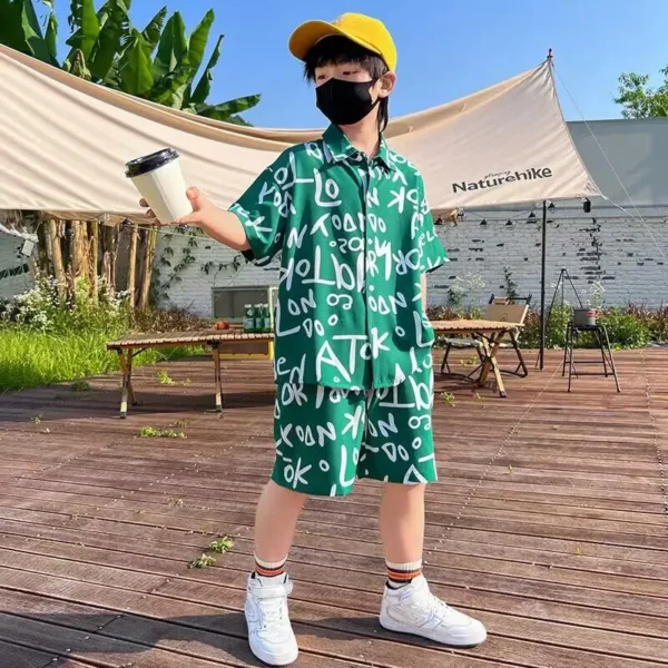 Boys' Clothing Set Summer New Children's Printed Short sleeved Shirt Shorts 2-piece Set Teenage Boys Sports Set 3