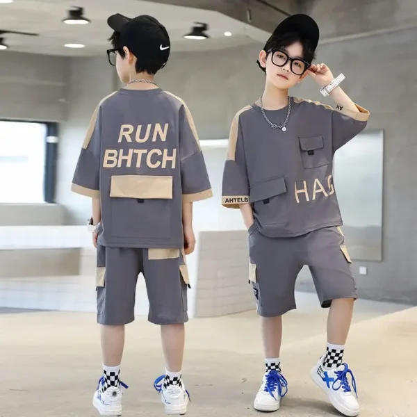 Children Boys Clothes Summer Patchwork T-Shirt & Contrast Colors Shorts 2 Pieces Set Teenage Boy Street Wear Letter Tracksuit 1