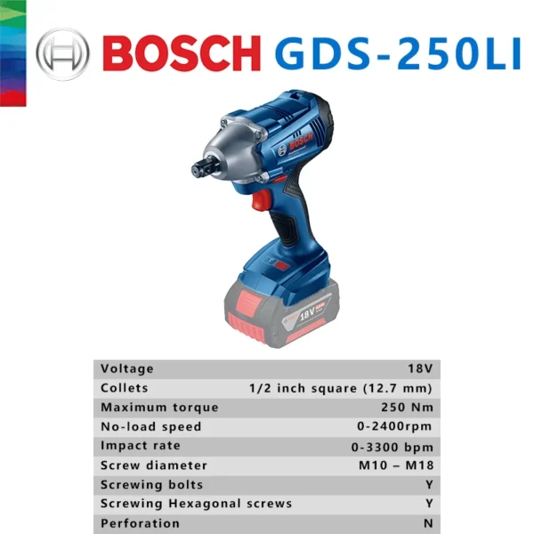 BOSCH GDS 250 LI 18V Cordless Impact Wrench Socket Bolt Nut Rechargeable Lithium Electric Wrench 250Nm Professional Power Tool 2