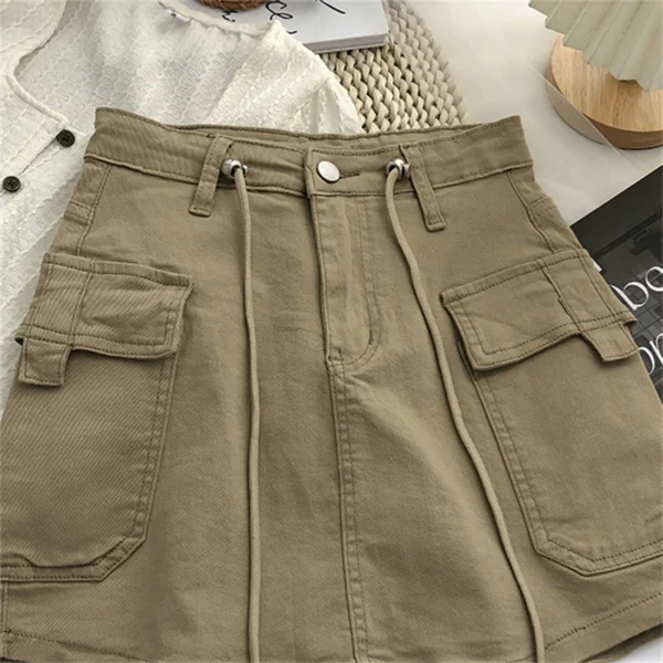 Plus Size Pockets Lace-Up Vintage Denim Skirt Summer Loose Casual Solid Mini Skirts Spring Korean Fashion Faldas Women Clothes 3