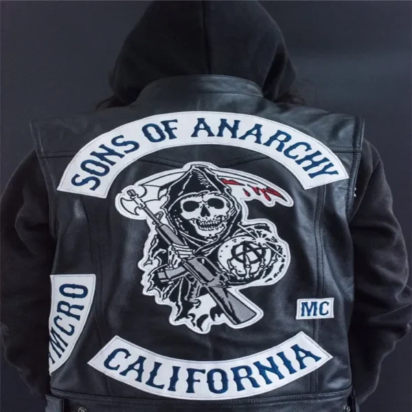 Sons Of Anarchy Embroidery Leather Rock Punk Vest Cosplay Costume Black Color Motorcycle Sleeveless Jacket 1