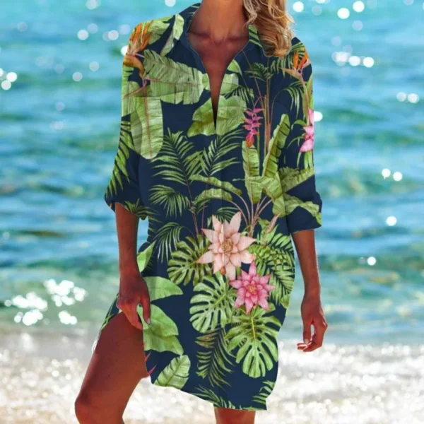 Summer Hawaii Beach Sunflower Leaf 3D Print Blouses Women Long Sleeve Mid-length Shirts Buttons Shirt Blouse Girls Pocket Tops 3