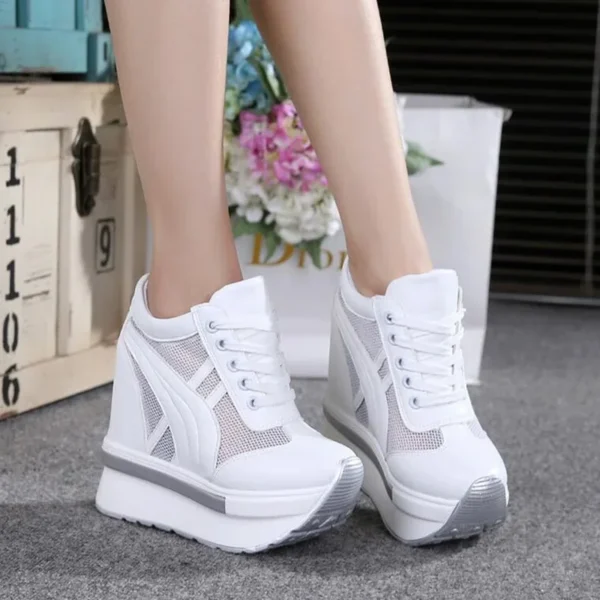 2024 New Classic Women Mesh Platform Sneakers White Shoes 10CM High Heel Wedges Outdoor Breathable Casual Shoes Autumn Round Toe 4