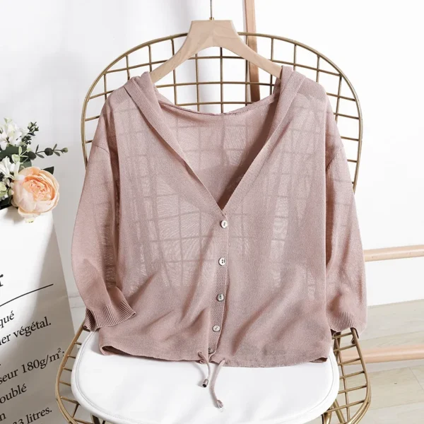 Hooded Thin Sweater Cardigan Women Silk Linen Spring  Summer Lace Up V-neck Short Design Loose Cape Cardigans Outerwear Female 2